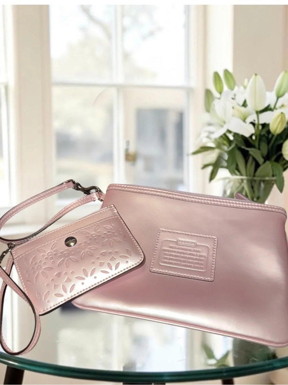 4 piece Coach Market Tote 3-Piece Set - Pearly Pink Laser Cut Perforated Leather - Picture 6 of 16
